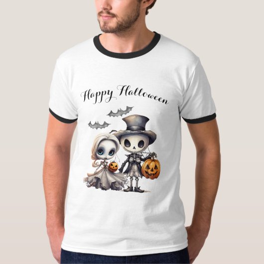 幽霊不気味人形とスケルトンのハロウィーン Tシャツ (正面)
