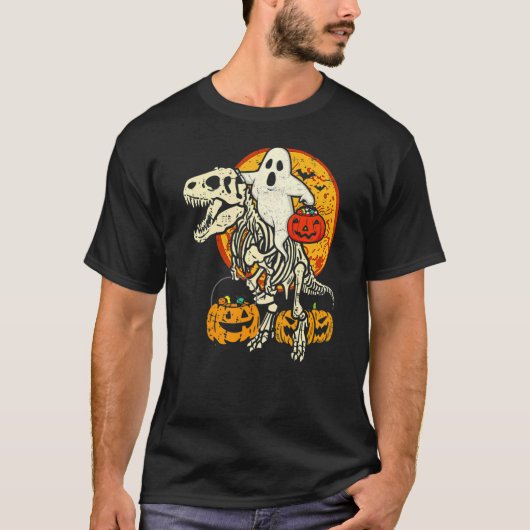 幽霊乗馬スカル恐竜ハロウィンスケルトンレックス Tシャツ (正面)