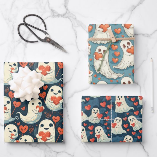 幽霊保持ハートバレンタインデー ラッピングペーパーシート (正面)