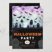 幽霊墓地こうもりスパイダーウェッブ不気味なハロウィーン 招待状 (正面/裏面)