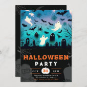 幽霊墓地こうもりスパイダーウェッブ不気味なハロウィーン 招待状 (正面/裏面)