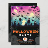 幽霊墓地こうもりスパイダーウェッブ不気味なハロウィーン 招待状 (正面/裏面)