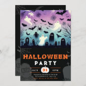 幽霊墓地こうもりスパイダーウェッブ不気味なハロウィーン 招待状 (正面/裏面)