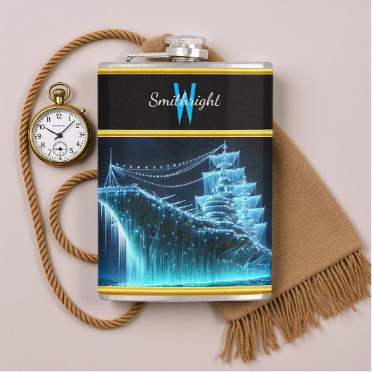 幽霊威厳のある船が夜の海で輝く フラスク