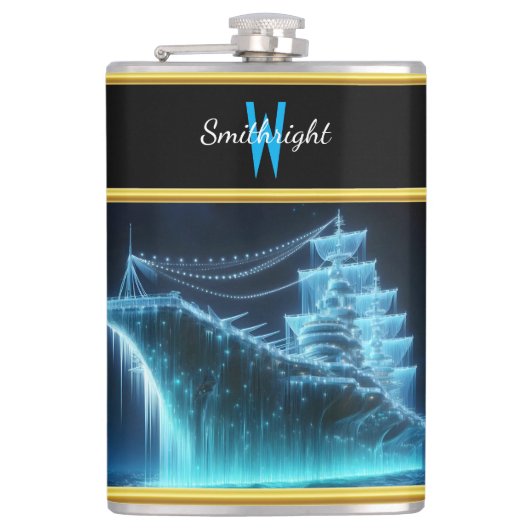 幽霊威厳のある船が夜の海で輝く フラスク (正面)