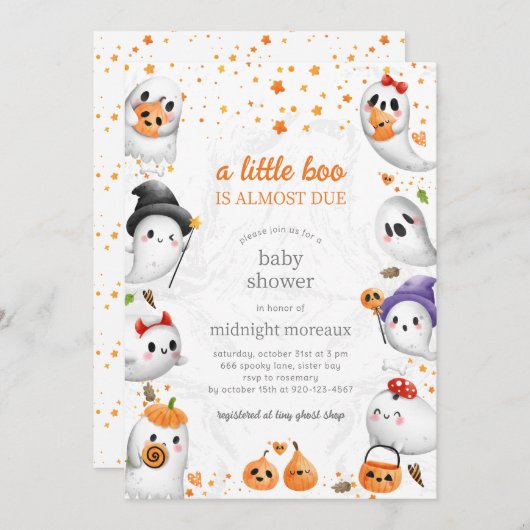 幽霊小さなブハロウィーンの赤ちゃんシャワー 招待状 (正面/裏面)