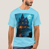 幽霊屋敷の青い月夜のデザイン Tシャツ (正面)