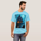 幽霊屋敷の青い月夜のデザイン Tシャツ (正面フル)