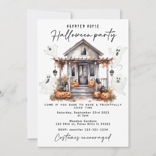 幽霊幽霊のよく出るハウスハロウィーンの衣装パーティー 招待状 (正面)