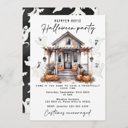 幽霊幽霊のよく出るハウスハロウィーンの衣装パーティー 招待状 (正面/裏面)
