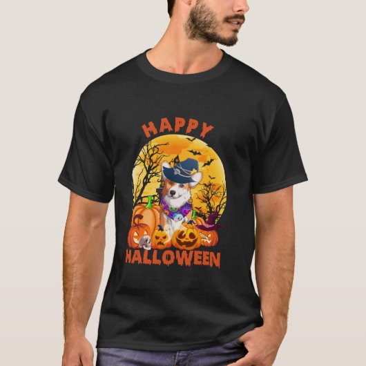 幽霊怖いパンプキンムーンウィッチコーギドッグハロウィーン Tシャツ (正面)