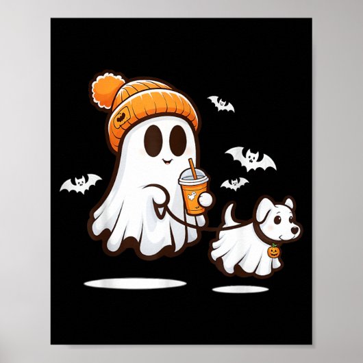 幽霊犬を歩く女性のハロウィンTシャツ おもしろいおばけ ポスター (正面)