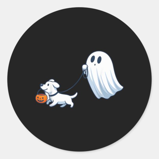 幽霊犬 歩く犬 ハロウィン かわいい スプーキー ラウンドシール (正面)