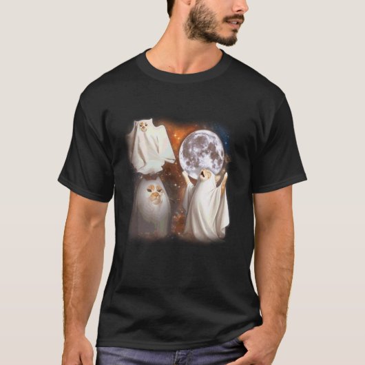 幽霊猫の月に向かって吠える 不気味ハロウィン ねこまみれ Tシャツ (正面)