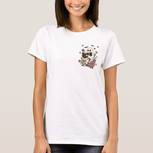 幽霊猫本好きハロウィーンTシャツ Tシャツ (正面)