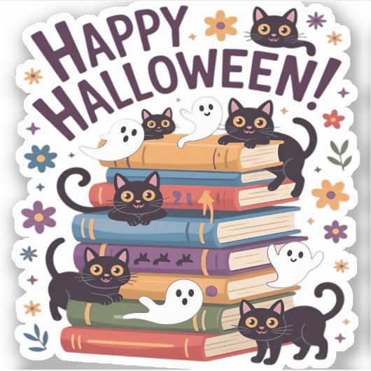 幽霊猫読の本の恋人ギフトハロウィンスポオ シール (正面)