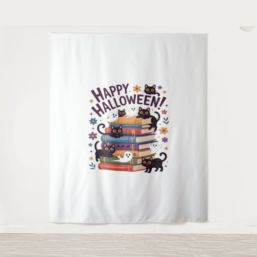 幽霊猫読の本の恋人ギフトハロウィンスポオ タペストリー (正面)