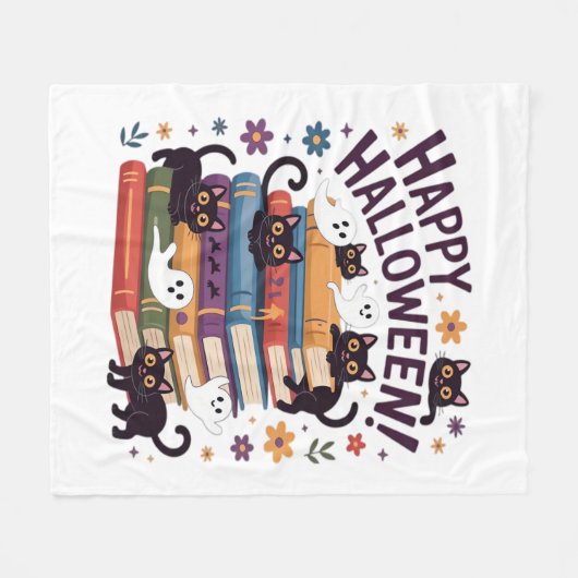 幽霊猫読の本の恋人ギフトハロウィンスポオ フリースブランケット (正面(横))