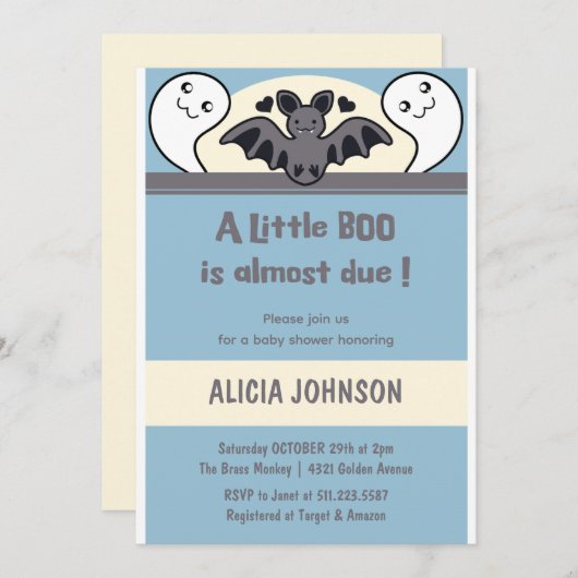 幽霊男の子かわいいハロウィーンベイビーシャワー 招待状 (正面/裏面)