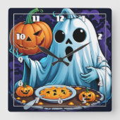 幽霊祝のハロウィンとカボチャ スクエア壁時計 (正面)