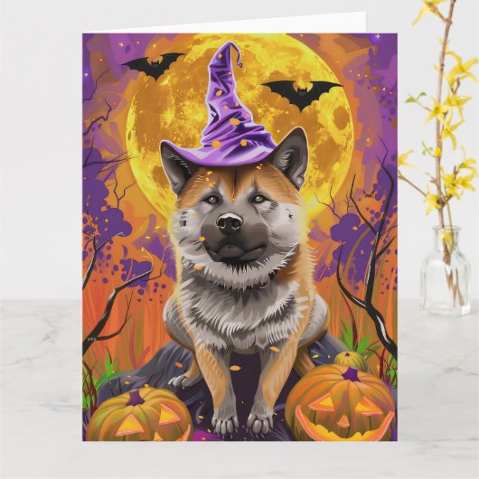 幽霊秋田犬 ハロウィン 魔女とカボチャ カード (黄色い花)