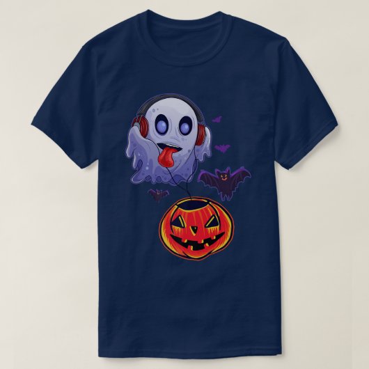 幽霊聴く音楽カボチャのハロウィーン衣装メンズウォム Tシャツ (デザイン正面)