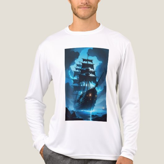 幽霊船、海賊船、霧に包まれた船、フライ トライブレンドTシャツ (正面)