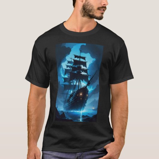 幽霊船、海賊船、霧に包まれた船、フライ Tシャツ (正面)