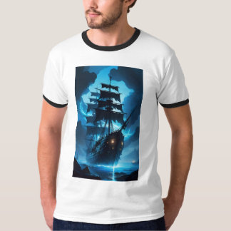 幽霊船、海賊船、霧に包まれた船、フライ Tシャツ