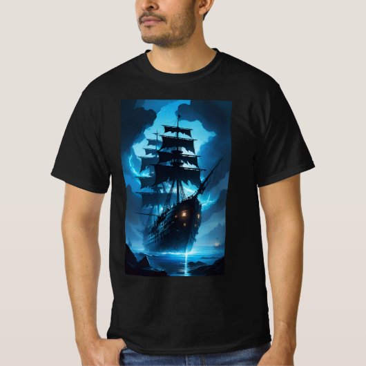 幽霊船、海賊船、霧に包まれた船、フライ Tシャツ (正面)