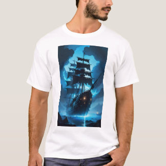 幽霊船、海賊船、霧に包まれた船、フライ Tシャツ