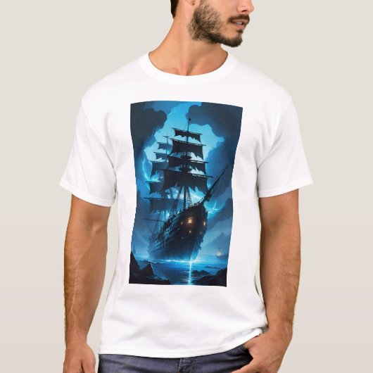 幽霊船、海賊船、霧に包まれた船、フライ Tシャツ (正面)