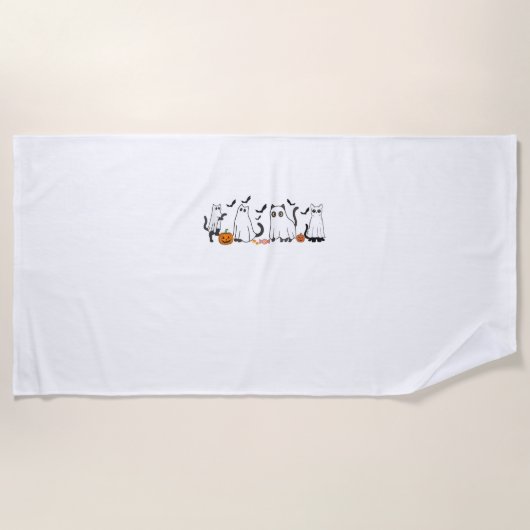 幽霊衣装を着た可愛い黒猫と男性ハル ビーチタオル (正面)