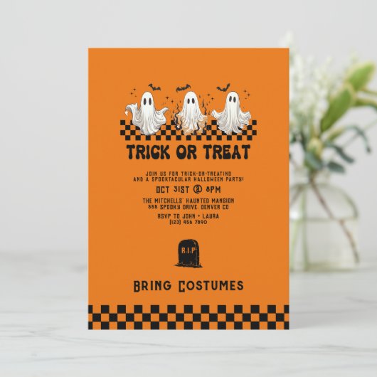 幽霊衣装トリックまたはトリートハローウィンパーティ 招待状 (スタンド正面)