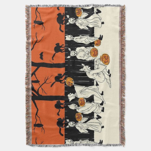 幽霊衣装ハロウィーンのカボチャのちょうちん黒猫こうもりフクロウ スローブランケット (正面縦)