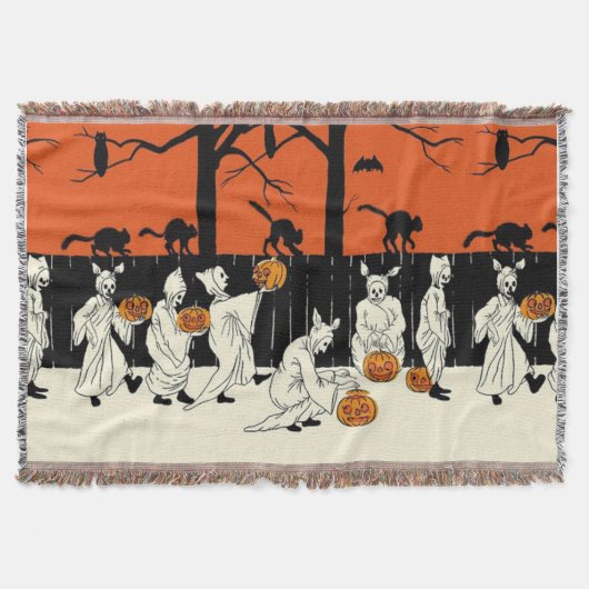 幽霊衣装ハロウィーンのカボチャのちょうちん黒猫こうもりフクロウ スローブランケット (正面)