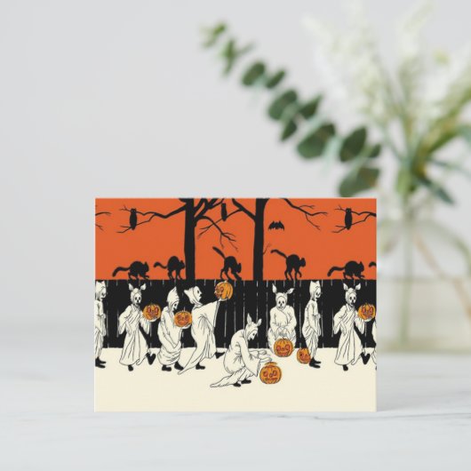 幽霊衣装ハロウィーンのカボチャのちょうちん黒猫フクロウこうもり ポストカード (スタンド正面)