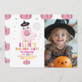 幽霊誕生日カボチャ女の子ピンク写真 招待状 (正面/裏面)