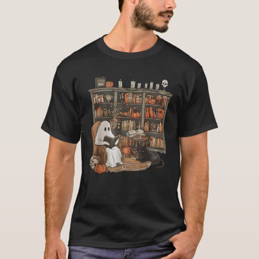 幽霊読ズレトロ図書館ハロウィン不気味 Tシャツ (正面)