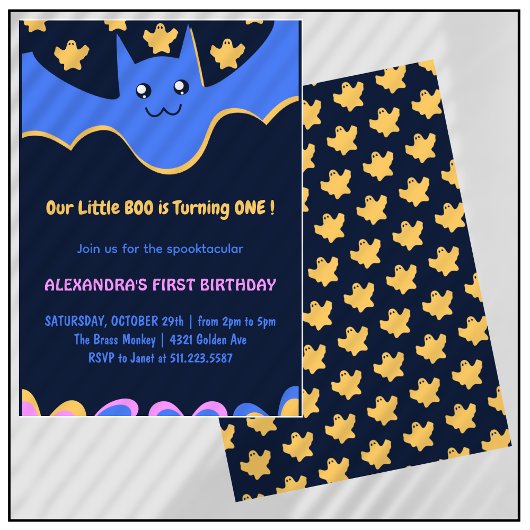 幽霊飛んでいるこうもりリトルブハロウィーン1st誕生日 招待状