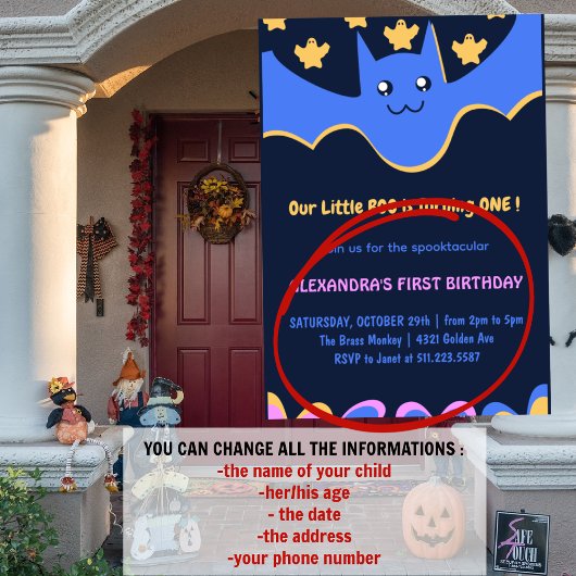 幽霊飛んでいるこうもりリトルブハロウィーン1st誕生日 招待状