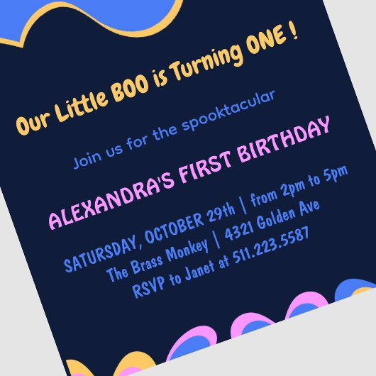 幽霊飛んでいるこうもりリトルブハロウィーン1st誕生日 招待状