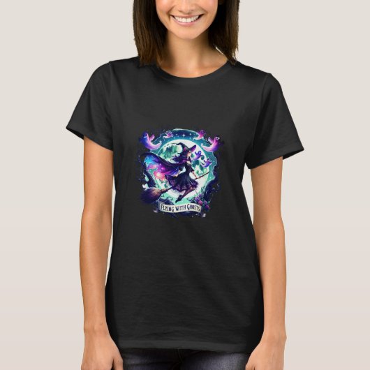 「幽霊飛んでいる付き」ハロウィーンの魔女シャツ Tシャツ (正面)