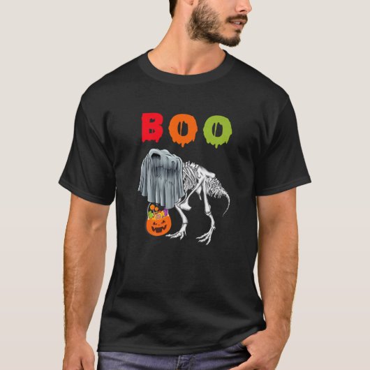 幽霊骨格恐竜ジャックランタンハロを保持 Tシャツ (正面)