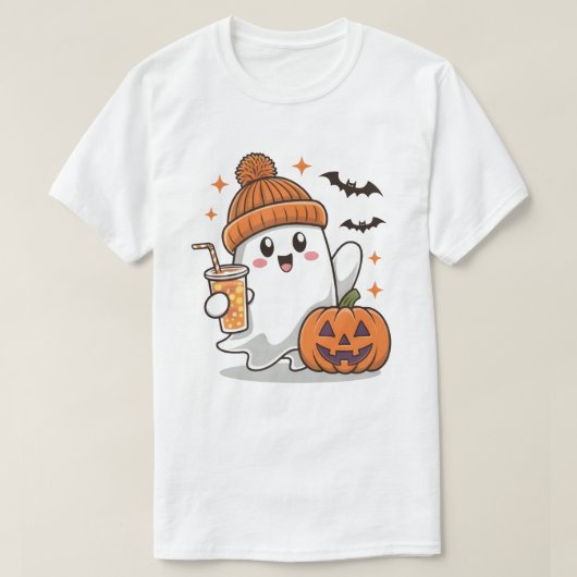 幽霊,こうもり,カボチャとドリンク,かわいいハロウィーン Tシャツ (デザイン正面)