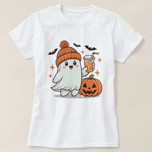 幽霊,こうもり,カボチャとドリンク,かわいいハロウィーン Tシャツ (デザイン正面)