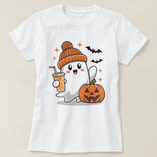 幽霊,こうもり，カボチャとドリンク，かわいいハロウィーン Tシャツ (デザイン正面)