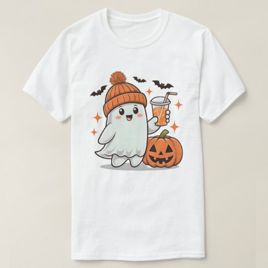 幽霊,こうもり,カボチャとドリンク,かわいいハロウィーン Tシャツ (デザイン正面)