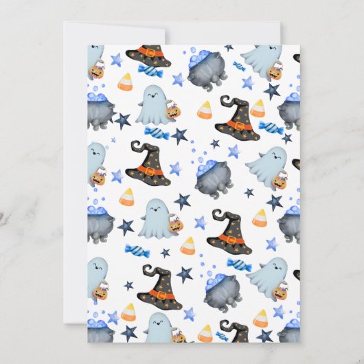 幽霊、ウィッチハット、キャンディ | かわいいハロウィーンの赤ちゃんシャワー 招待状 (裏面)