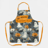 幽霊、カボチャ、およびこうもりを含むグレーハロウィーン エプロン (正面)